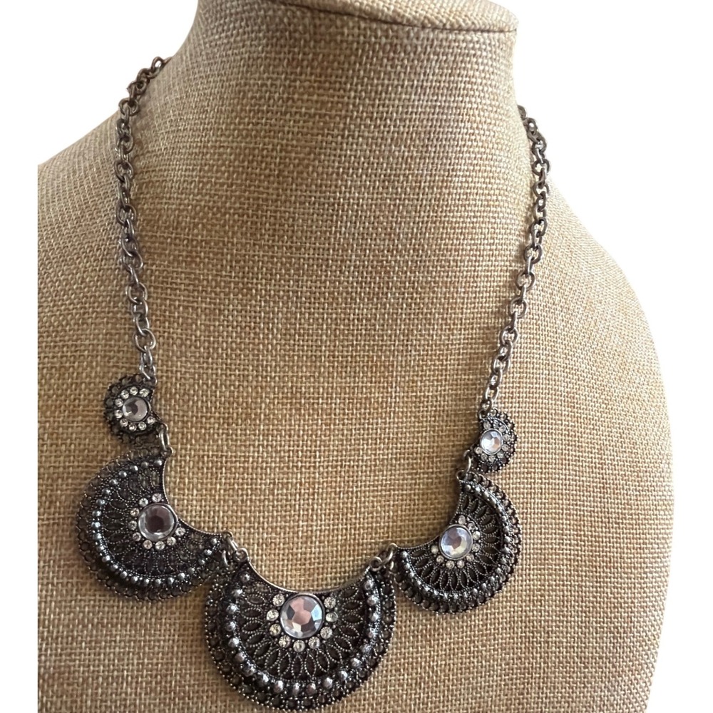 Silver Tone Filigree Rhinestone Crescent Statement Bib Necklace Burnished Finish